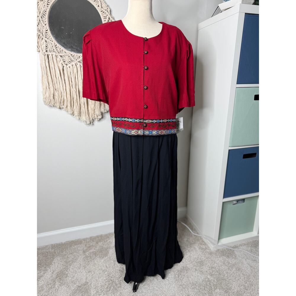 Vtg 80s Women's Red Black Tapestry Trim Button Long Maxi Dress 28 Holiday NWT